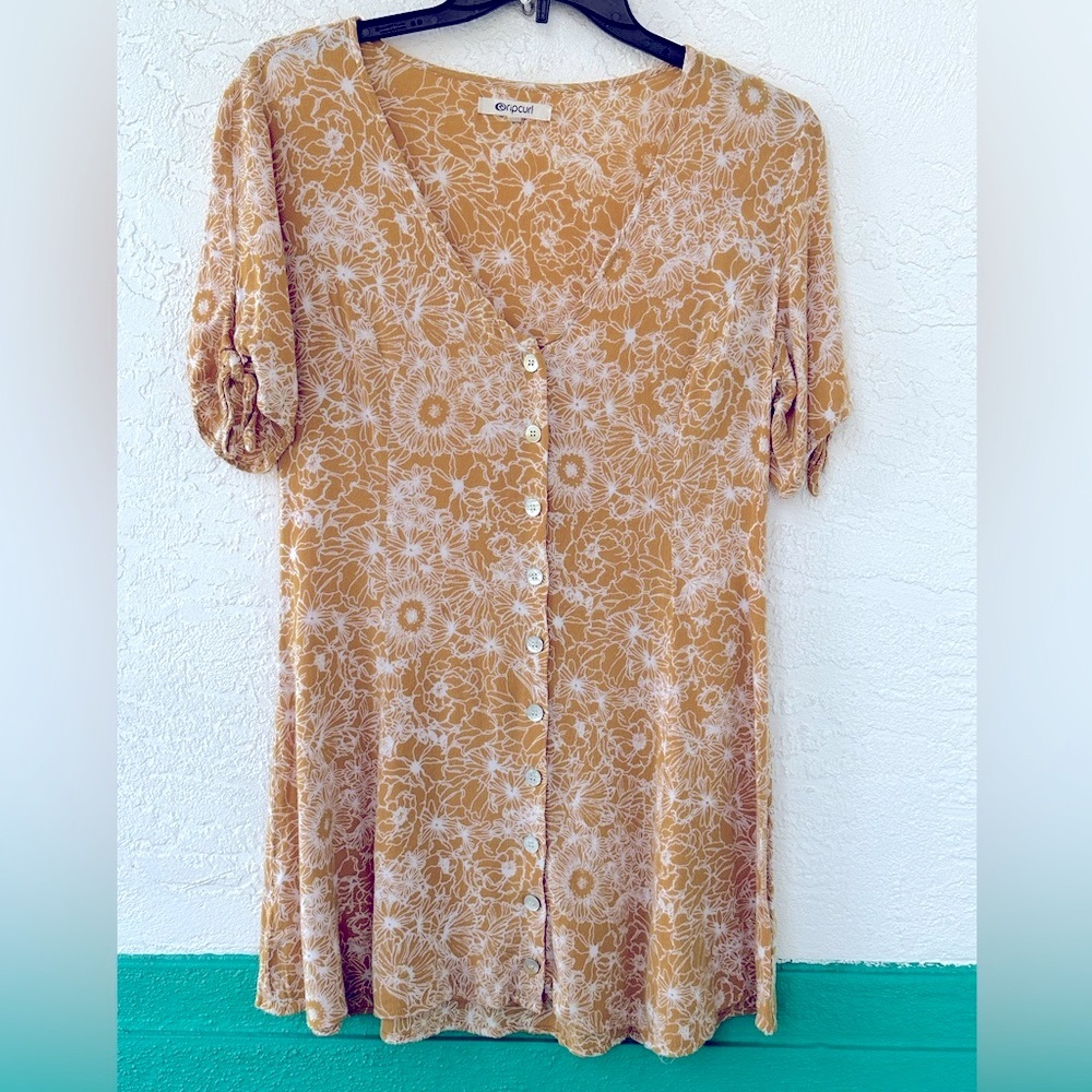 Rip Curl Golden Days Floral Boho Mini Dress Large Mustard Yellow - Picture 2 of 10